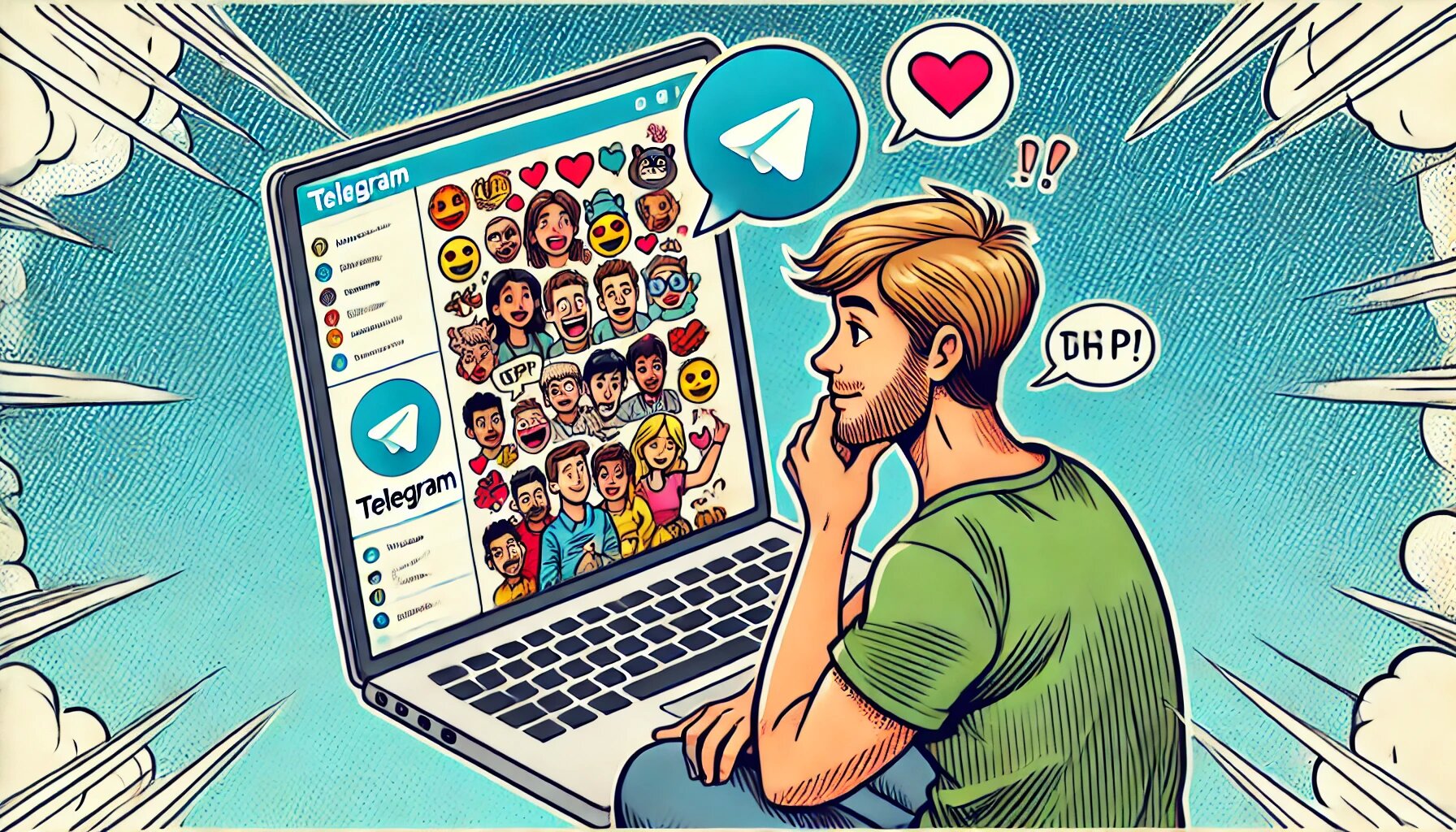 DALL·E 2025-03-05 13.33.31 - A comic-style drawing of a person looking at Telegram’s interface on a laptop. The screen displays a colorful group chat with lots of animated emojis,_proc.jpg